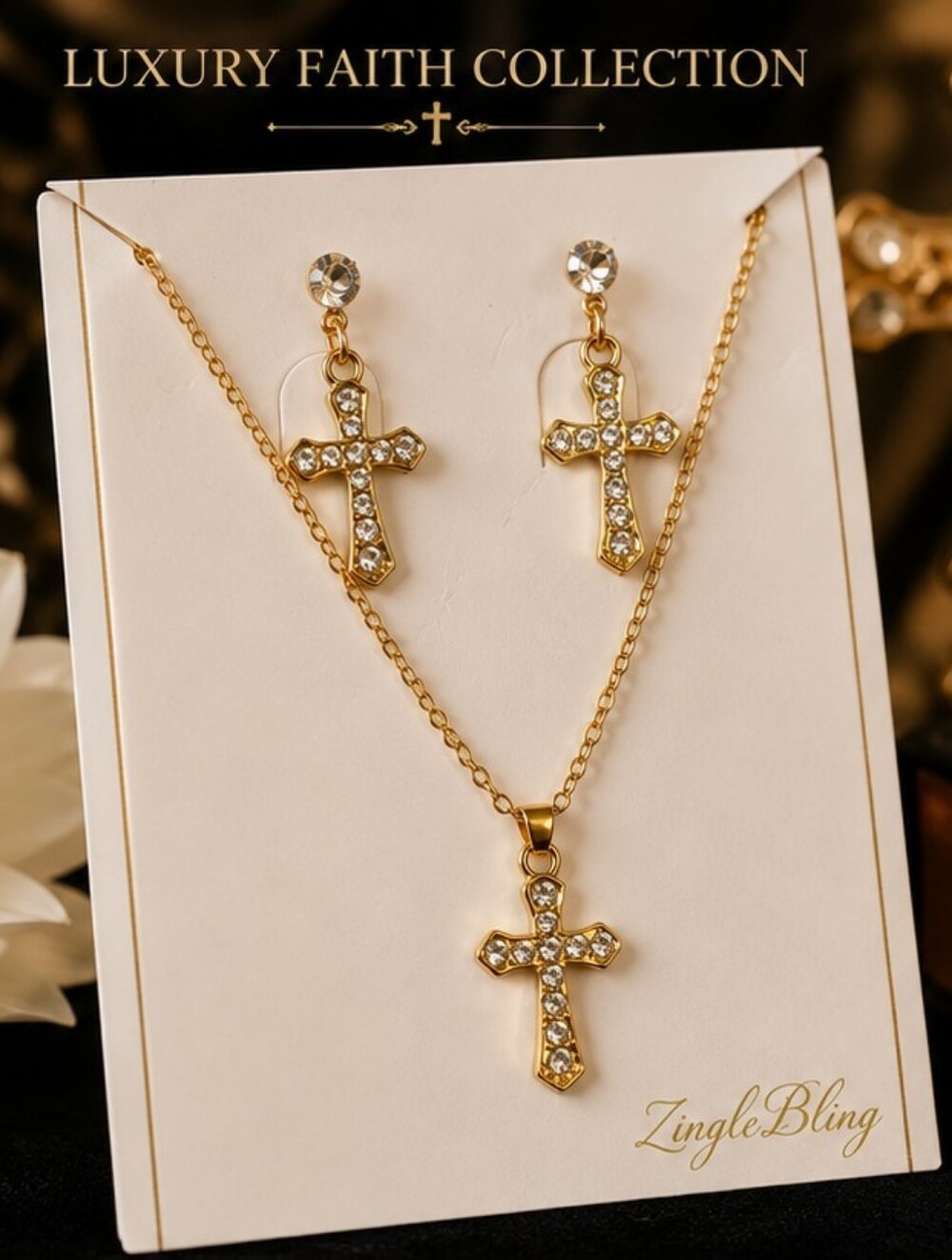 New Gold Over Stainless Steel CZ Cross Necklace & Earrings Set 18"+2"